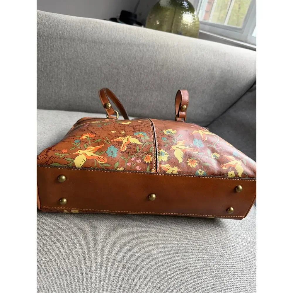 Patricia Nash Poppy Leather Boho Tote Shoulder Bag Floral Bird Map Print Tan